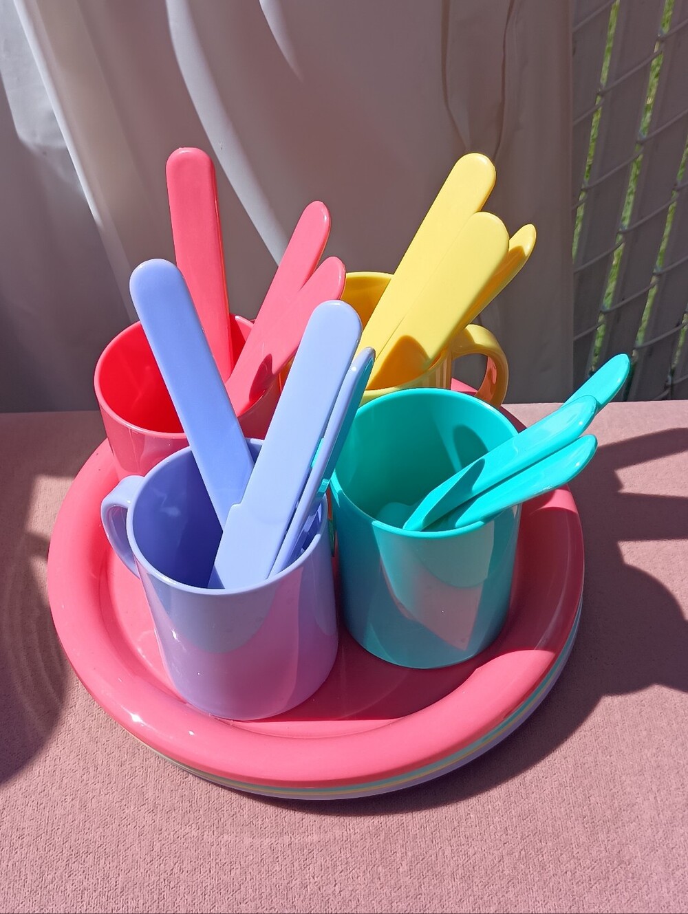 Colorful Pastel Picnic Dining Set - 4 Mugs Spoons Forks Knives & Plates